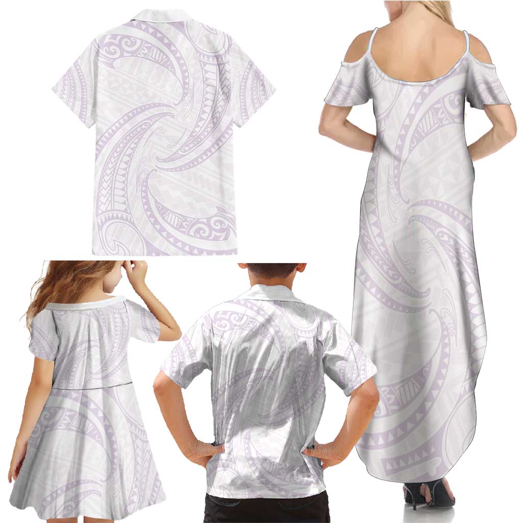 White Sunday Lotu Tamaiti Family Matching Summer Maxi Dress and Hawaiian Shirt Polynesian Wave Pastel Mauve LT9 - Polynesian Pride
