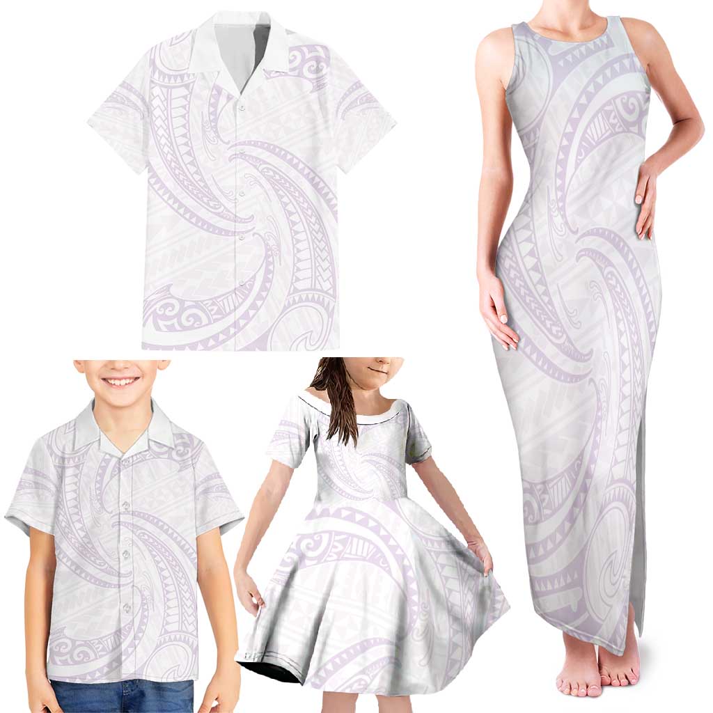 White Sunday Lotu Tamaiti Family Matching Tank Maxi Dress and Hawaiian Shirt Polynesian Wave Pastel Mauve - Polynesian Pride