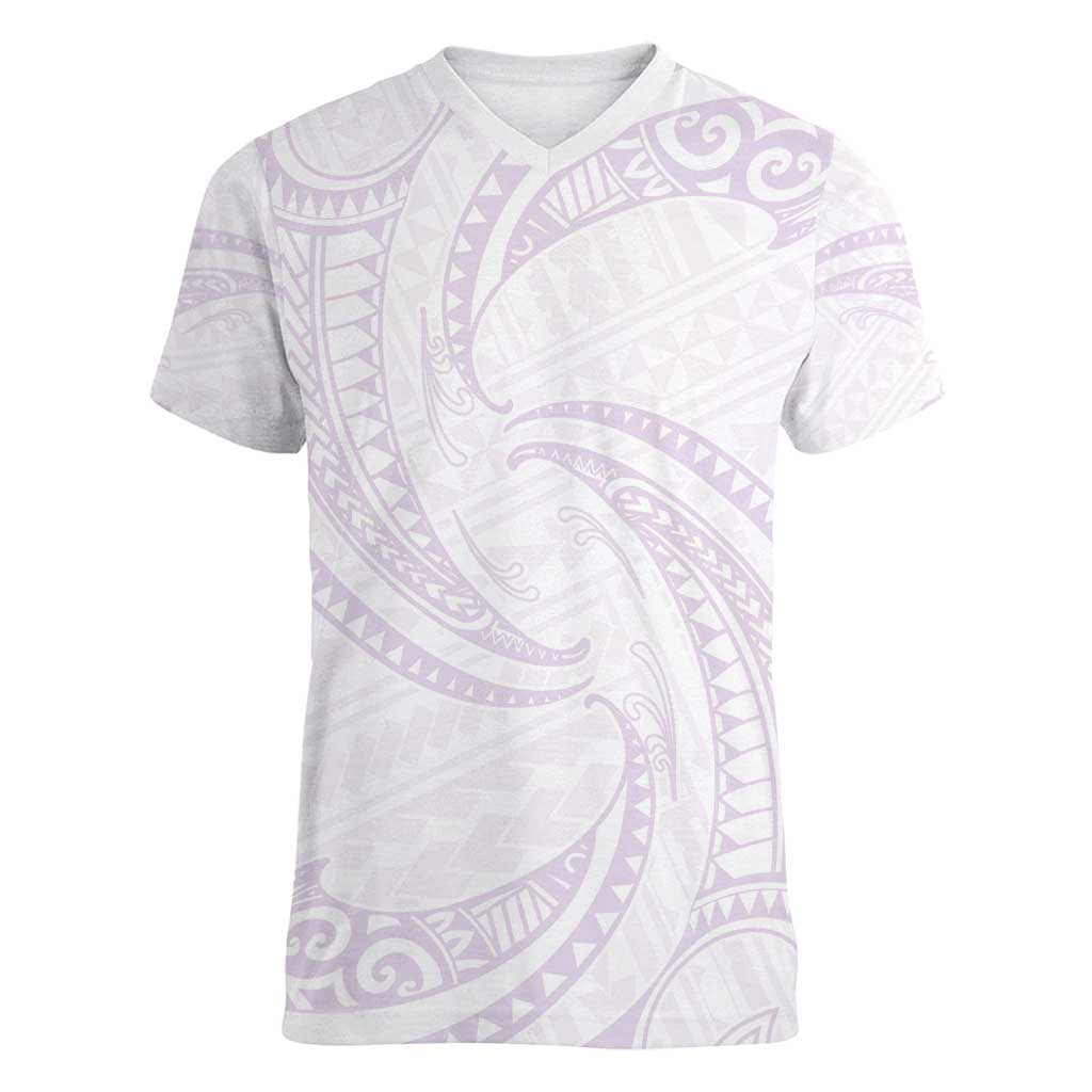 White Sunday Lotu Tamaiti Women V-Neck T-Shirt Polynesian Wave Pastel Mauve - Polynesian Pride