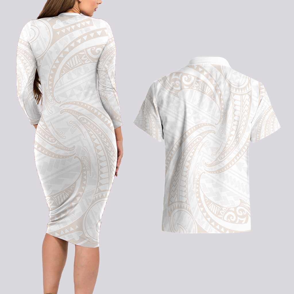 White Sunday Lotu Tamaiti Couples Matching Long Sleeve Bodycon Dress and Hawaiian Shirt Polynesian Wave Pastel Nude - Polynesian Pride