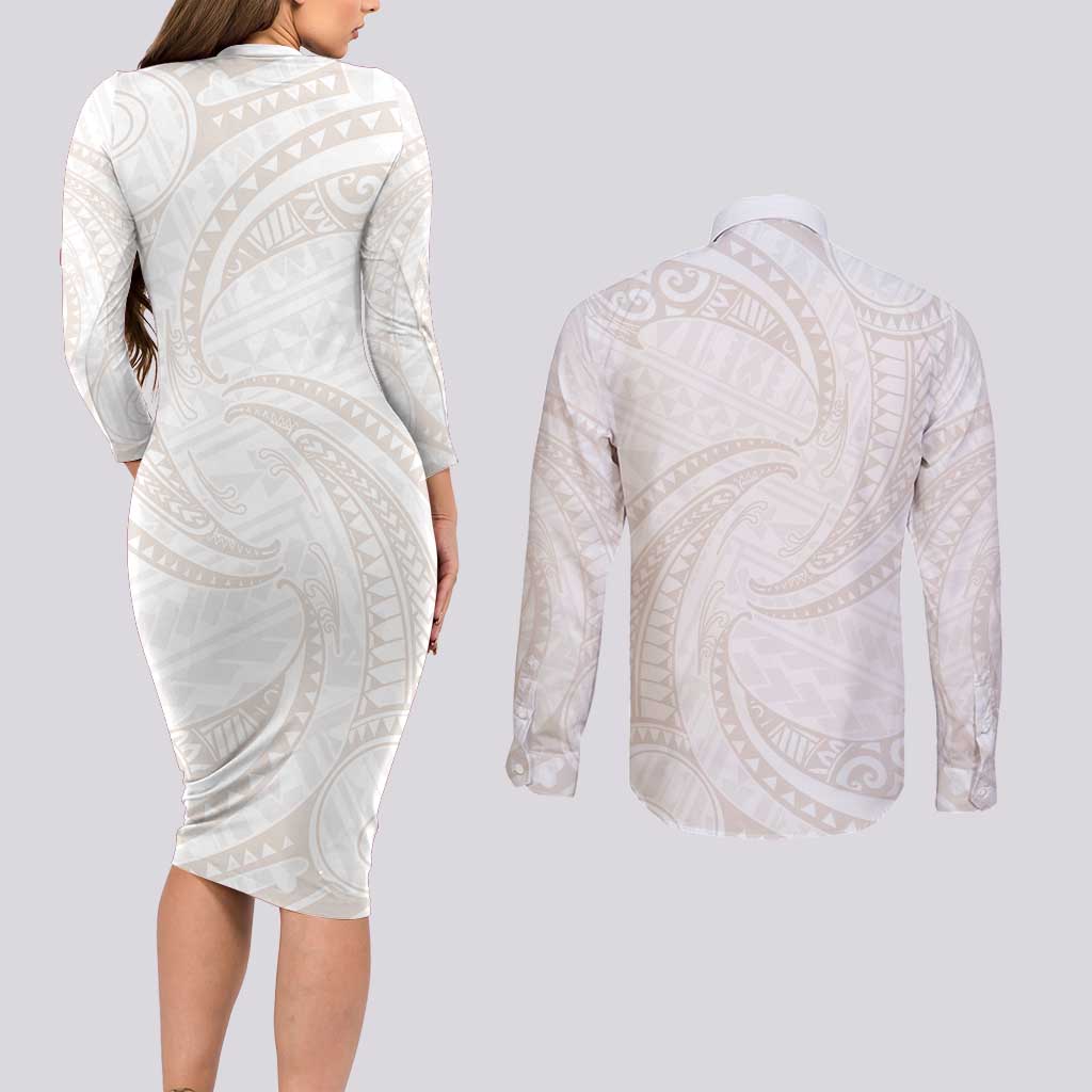 White Sunday Lotu Tamaiti Couples Matching Long Sleeve Bodycon Dress and Long Sleeve Button Shirt Polynesian Wave Pastel Nude LT9 - Polynesian Pride
