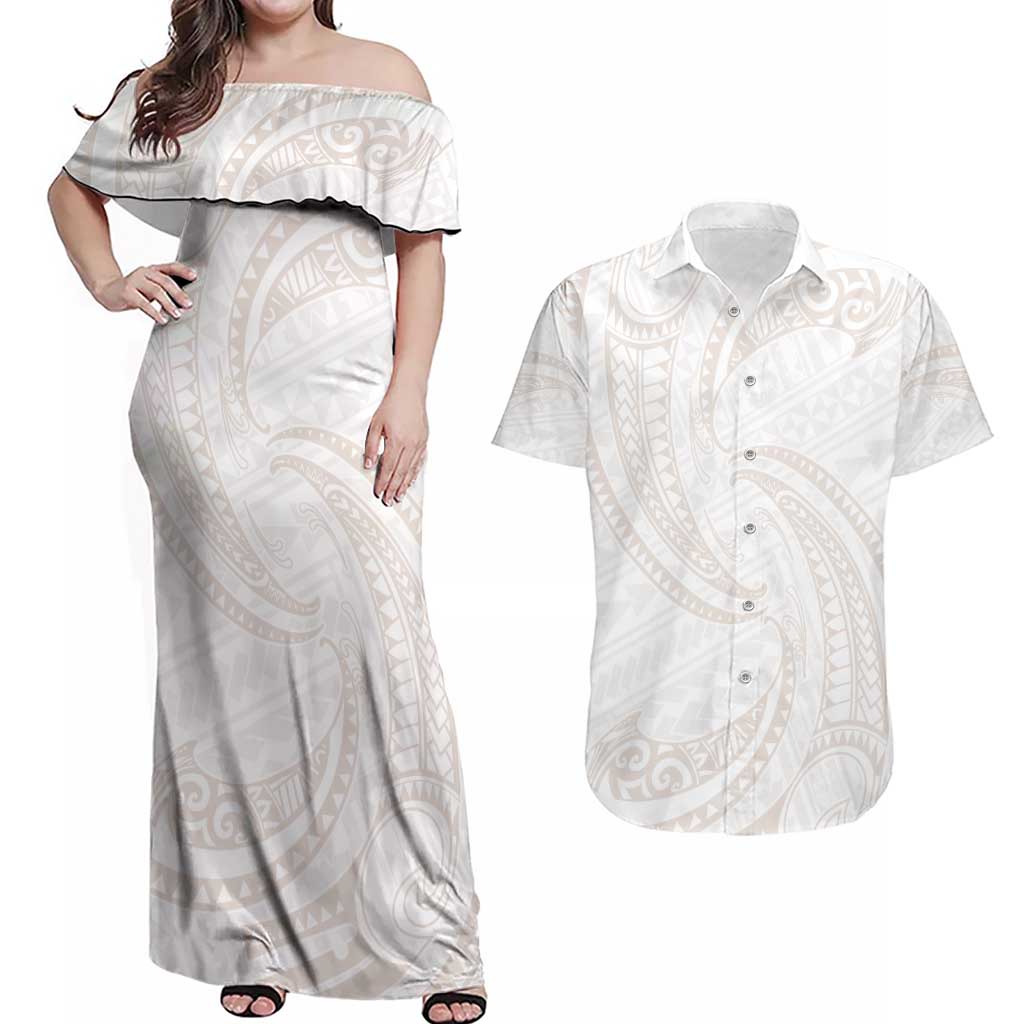 White Sunday Lotu Tamaiti Couples Matching Off Shoulder Maxi Dress and Hawaiian Shirt Polynesian Wave Pastel Nude - Polynesian Pride
