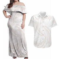 White Sunday Lotu Tamaiti Couples Matching Off Shoulder Maxi Dress and Hawaiian Shirt Polynesian Wave Pastel Nude - Polynesian Pride
