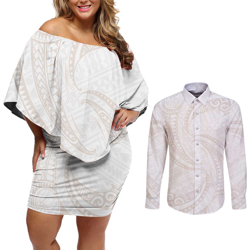 White Sunday Lotu Tamaiti Couples Matching Off Shoulder Short Dress and Long Sleeve Button Shirt Polynesian Wave Pastel Nude - Polynesian Pride