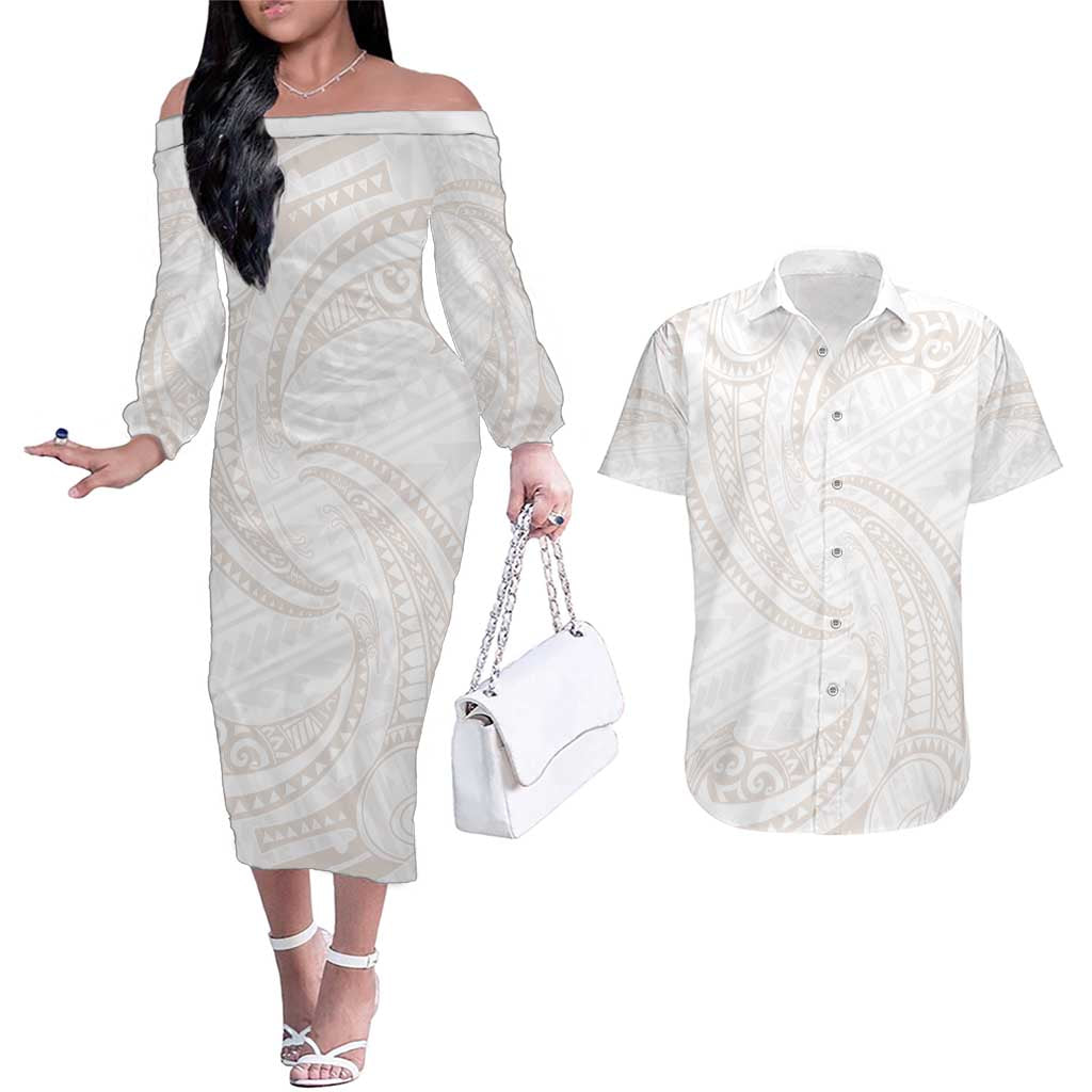 White Sunday Lotu Tamaiti Couples Matching Off The Shoulder Long Sleeve Dress and Hawaiian Shirt Polynesian Wave Pastel Nude - Polynesian Pride