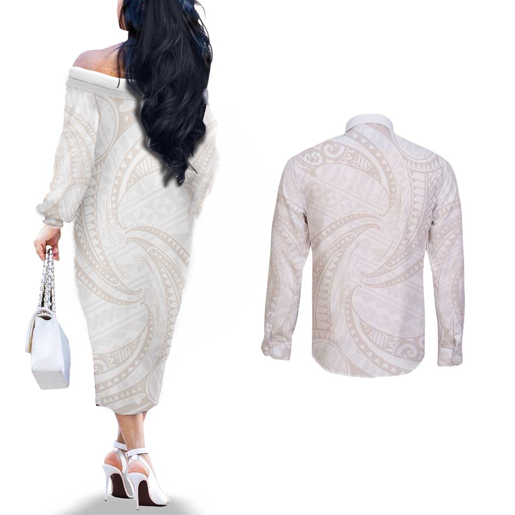 White Sunday Lotu Tamaiti Couples Matching Off The Shoulder Long Sleeve Dress and Long Sleeve Button Shirt Polynesian Wave Pastel Nude LT9 - Polynesian Pride