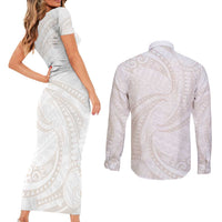 White Sunday Lotu Tamaiti Couples Matching Short Sleeve Bodycon Dress and Long Sleeve Button Shirt Polynesian Wave Pastel Nude LT9 - Polynesian Pride