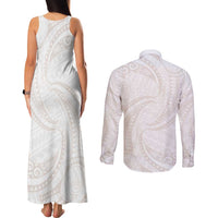 White Sunday Lotu Tamaiti Couples Matching Tank Maxi Dress and Long Sleeve Button Shirt Polynesian Wave Pastel Nude - Polynesian Pride