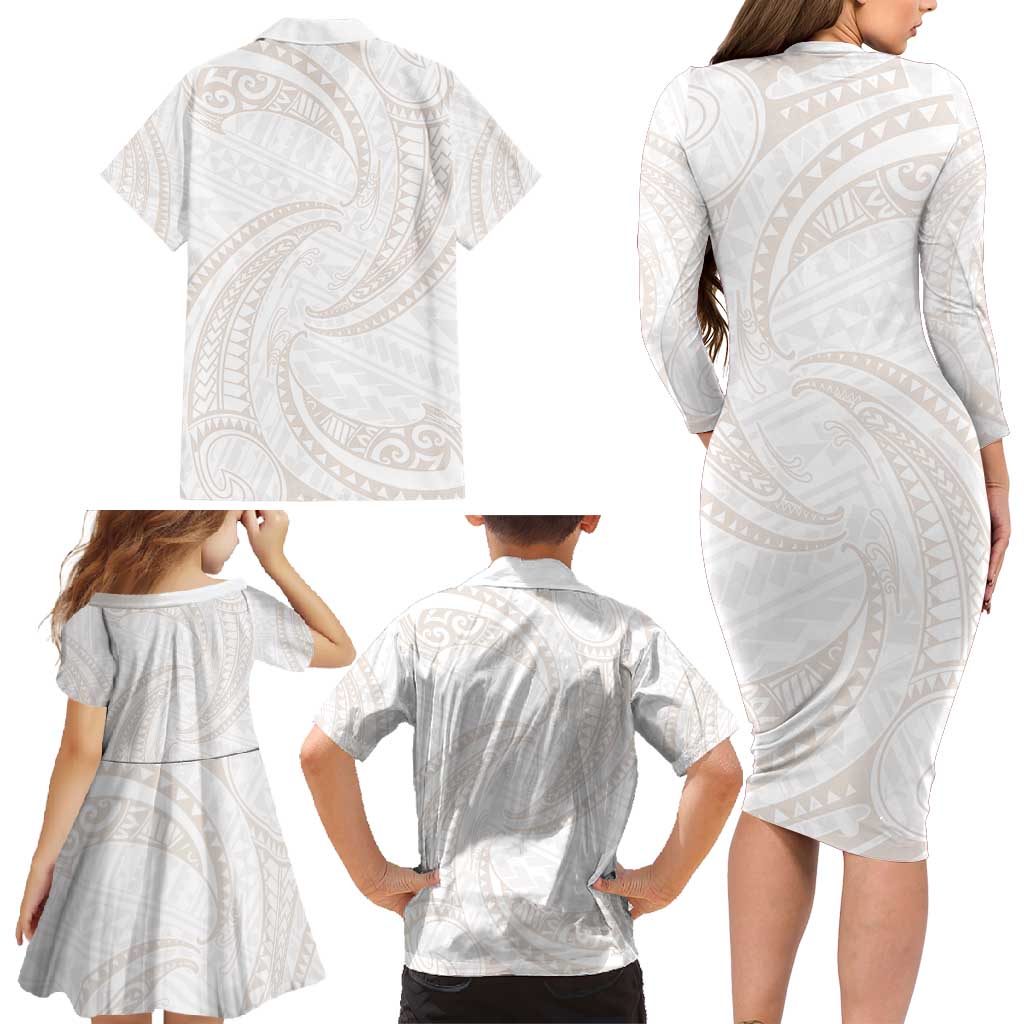 White Sunday Lotu Tamaiti Family Matching Long Sleeve Bodycon Dress and Hawaiian Shirt Polynesian Wave Pastel Nude LT9 - Polynesian Pride