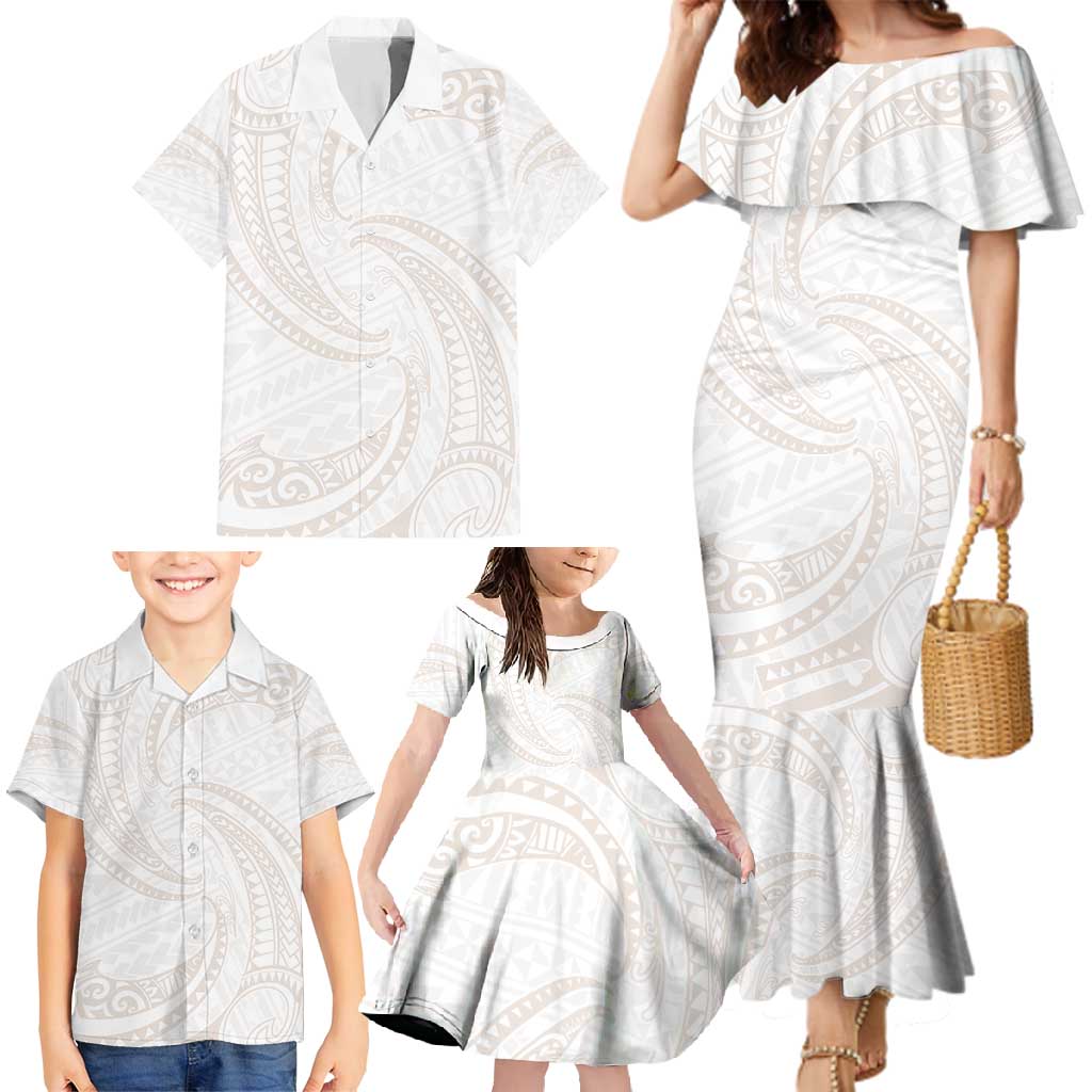 White Sunday Lotu Tamaiti Family Matching Mermaid Dress and Hawaiian Shirt Polynesian Wave Pastel Nude LT9 - Polynesian Pride