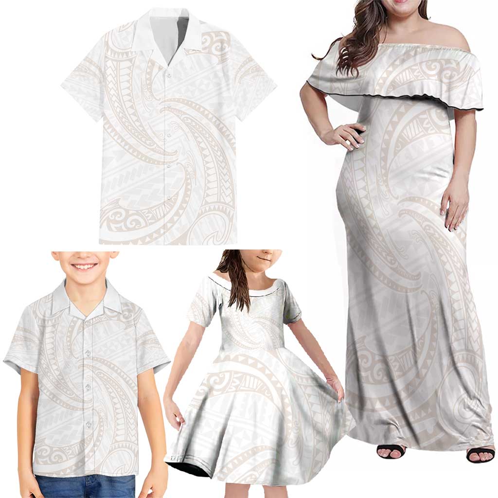 White Sunday Lotu Tamaiti Family Matching Off Shoulder Maxi Dress and Hawaiian Shirt Polynesian Wave Pastel Nude LT9 - Polynesian Pride