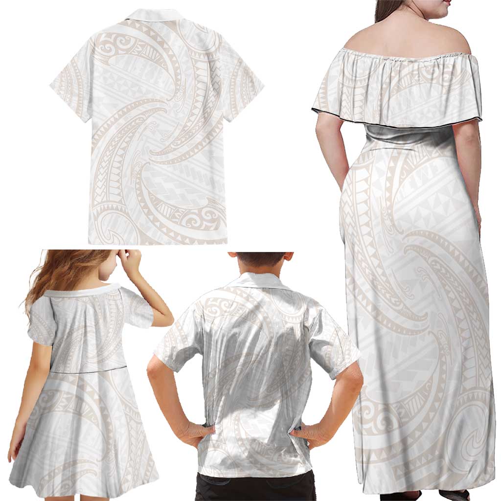 White Sunday Lotu Tamaiti Family Matching Off Shoulder Maxi Dress and Hawaiian Shirt Polynesian Wave Pastel Nude LT9 - Polynesian Pride