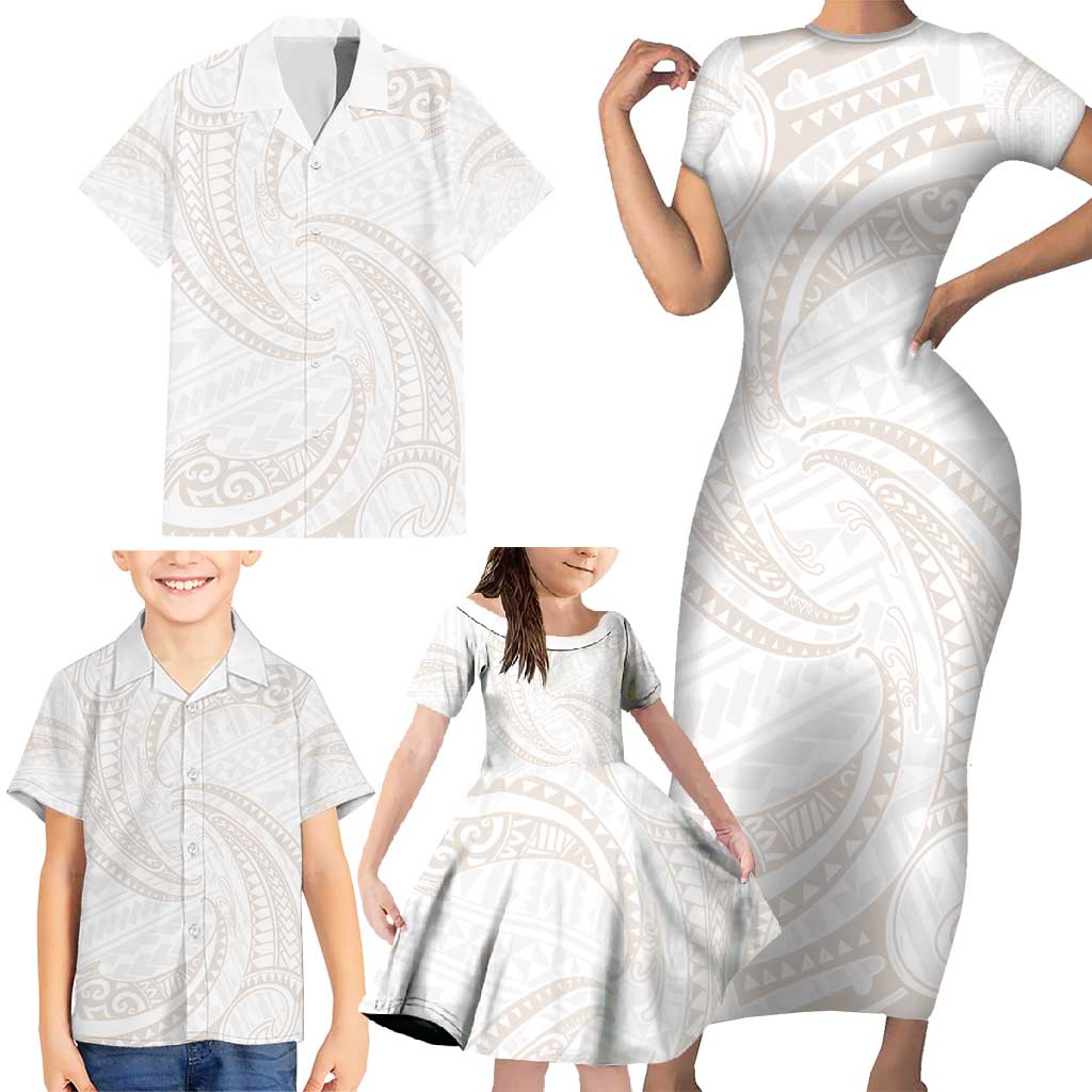 White Sunday Lotu Tamaiti Family Matching Short Sleeve Bodycon Dress and Hawaiian Shirt Polynesian Wave Pastel Nude - Polynesian Pride