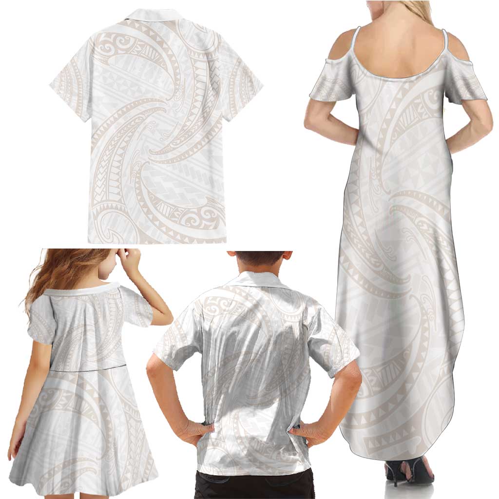 White Sunday Lotu Tamaiti Family Matching Summer Maxi Dress and Hawaiian Shirt Polynesian Wave Pastel Nude LT9 - Polynesian Pride