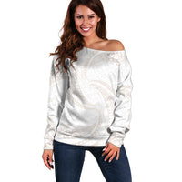 White Sunday Lotu Tamaiti Off Shoulder Sweater Polynesian Wave Pastel Nude - Polynesian Pride