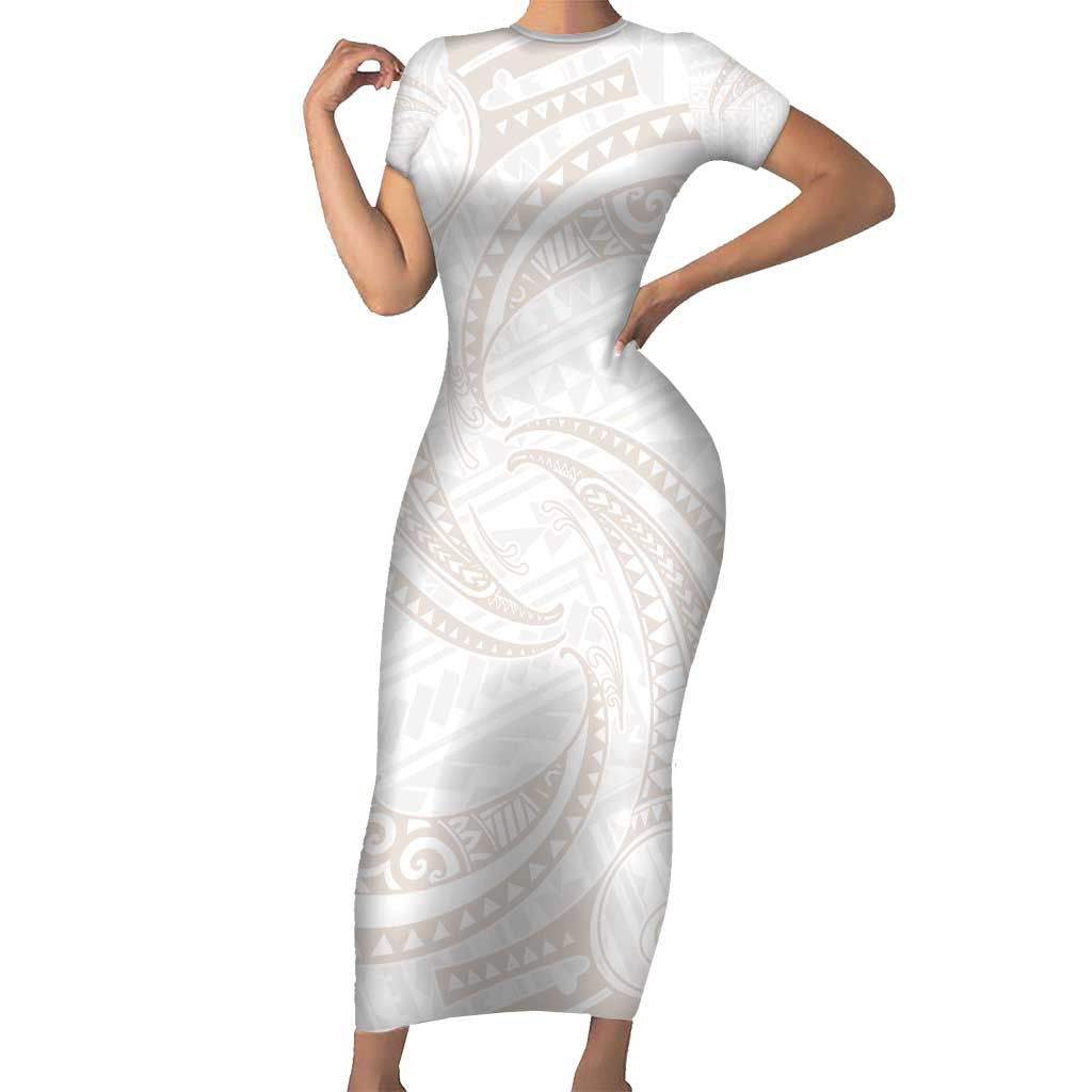 White Sunday Lotu Tamaiti Short Sleeve Bodycon Dress Polynesian Wave Pastel Nude - Polynesian Pride