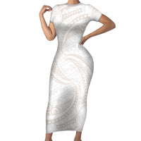 White Sunday Lotu Tamaiti Short Sleeve Bodycon Dress Polynesian Wave Pastel Nude LT9 Long Dress Nude - Polynesian Pride