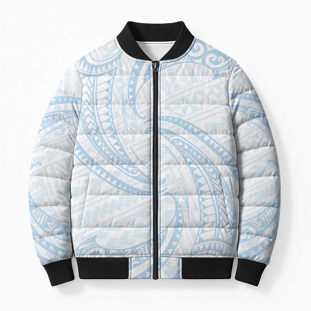 White Sunday Lotu Tamaiti Bomber Puffer Jacket Polynesian Wave Pastel Sky Blue - Polynesian Pride