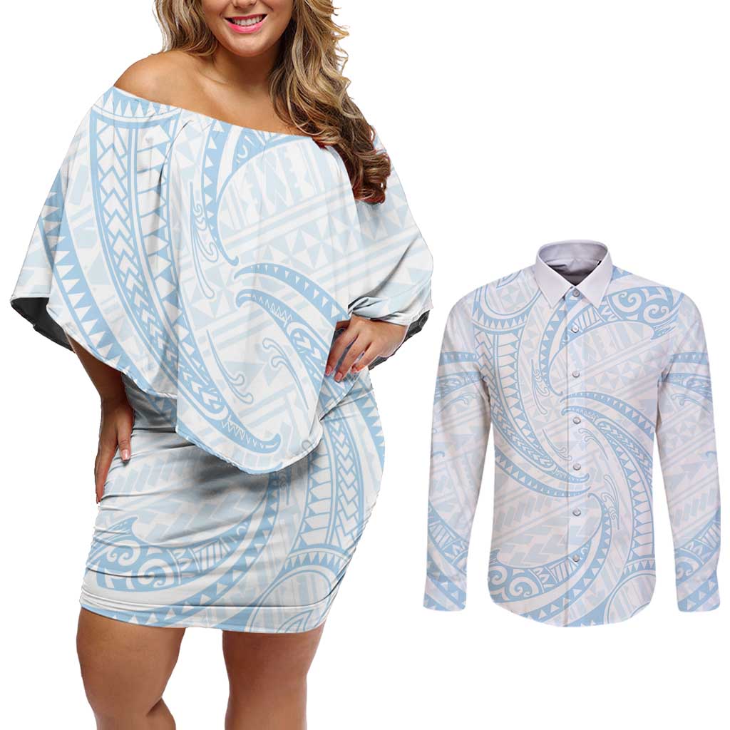 White Sunday Lotu Tamaiti Couples Matching Off Shoulder Short Dress and Long Sleeve Button Shirt Polynesian Wave Pastel Sky Blue - Polynesian Pride