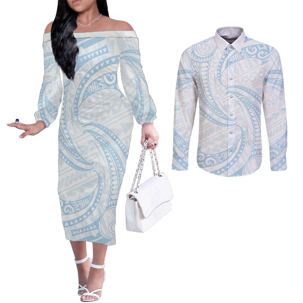 White Sunday Lotu Tamaiti Couples Matching Off The Shoulder Long Sleeve Dress and Long Sleeve Button Shirt Polynesian Wave Pastel Sky Blue - Polynesian Pride