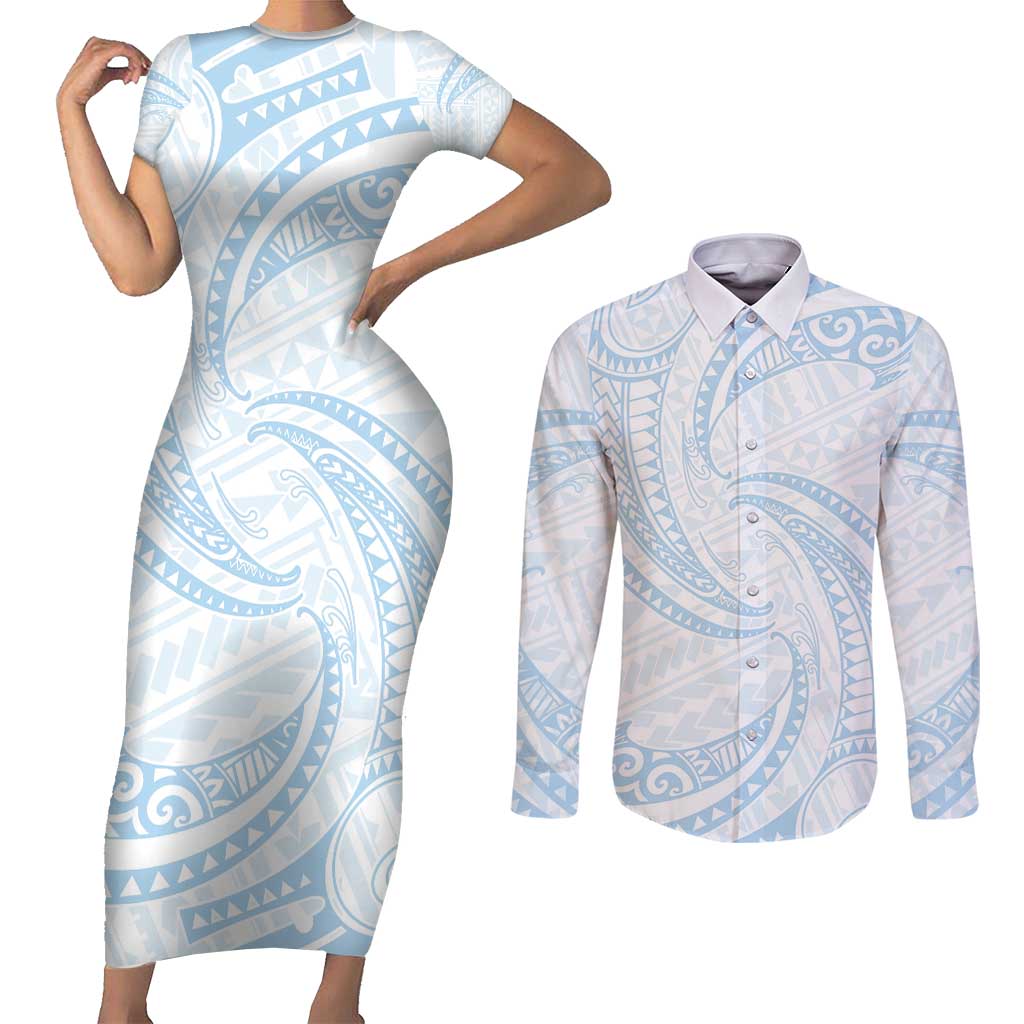 White Sunday Lotu Tamaiti Couples Matching Short Sleeve Bodycon Dress and Long Sleeve Button Shirt Polynesian Wave Pastel Sky Blue - Polynesian Pride