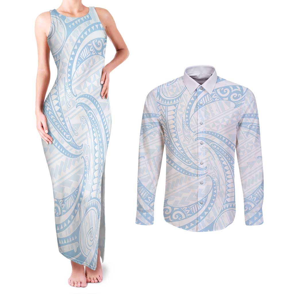 White Sunday Lotu Tamaiti Couples Matching Tank Maxi Dress and Long Sleeve Button Shirt Polynesian Wave Pastel Sky Blue - Polynesian Pride