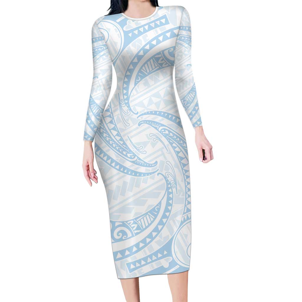 White Sunday Lotu Tamaiti Family Matching Long Sleeve Bodycon Dress and Hawaiian Shirt Polynesian Wave Pastel Sky Blue - Polynesian Pride