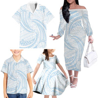 White Sunday Lotu Tamaiti Family Matching Off The Shoulder Long Sleeve Dress and Hawaiian Shirt Polynesian Wave Pastel Sky Blue - Polynesian Pride