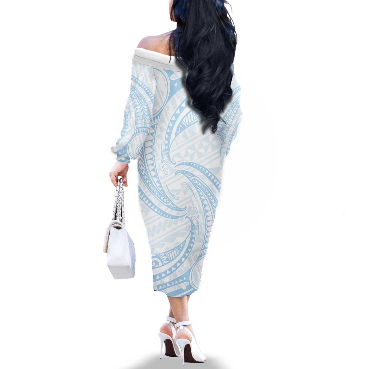White Sunday Lotu Tamaiti Family Matching Off The Shoulder Long Sleeve Dress and Hawaiian Shirt Polynesian Wave Pastel Sky Blue - Polynesian Pride