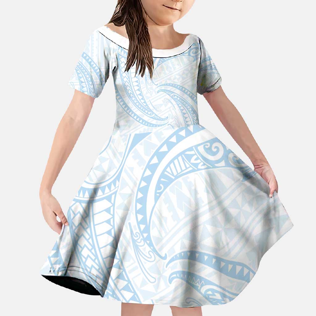 White Sunday Lotu Tamaiti Family Matching Off Shoulder Maxi Dress and Hawaiian Shirt Polynesian Wave Pastel Sky Blue LT9 Daughter's Dress Blue - Polynesian Pride