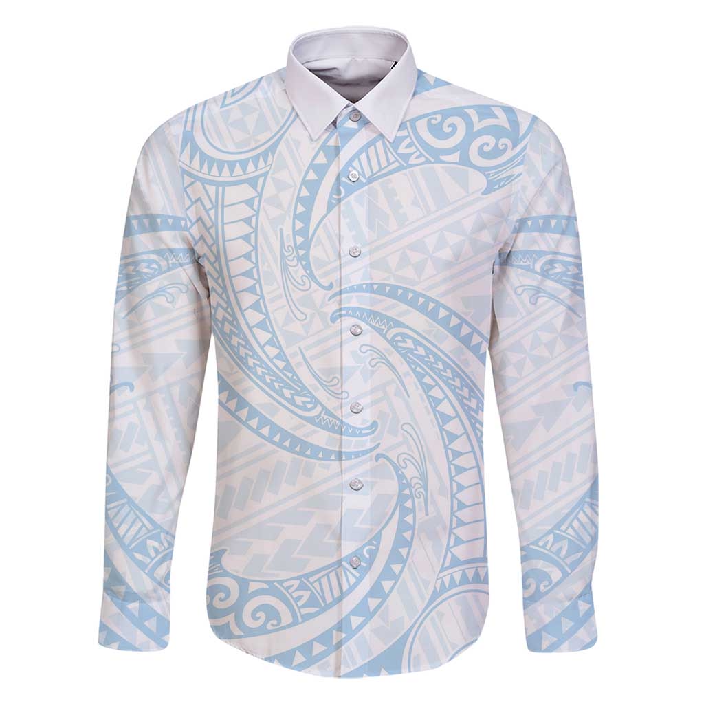 White Sunday Lotu Tamaiti Family Matching Off Shoulder Maxi Dress and Hawaiian Shirt Polynesian Wave Pastel Sky Blue LT9 Dad's Shirt - Long Sleeve Blue - Polynesian Pride