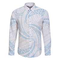 White Sunday Lotu Tamaiti Family Matching Off Shoulder Maxi Dress and Hawaiian Shirt Polynesian Wave Pastel Sky Blue LT9 Dad's Shirt - Long Sleeve Blue - Polynesian Pride