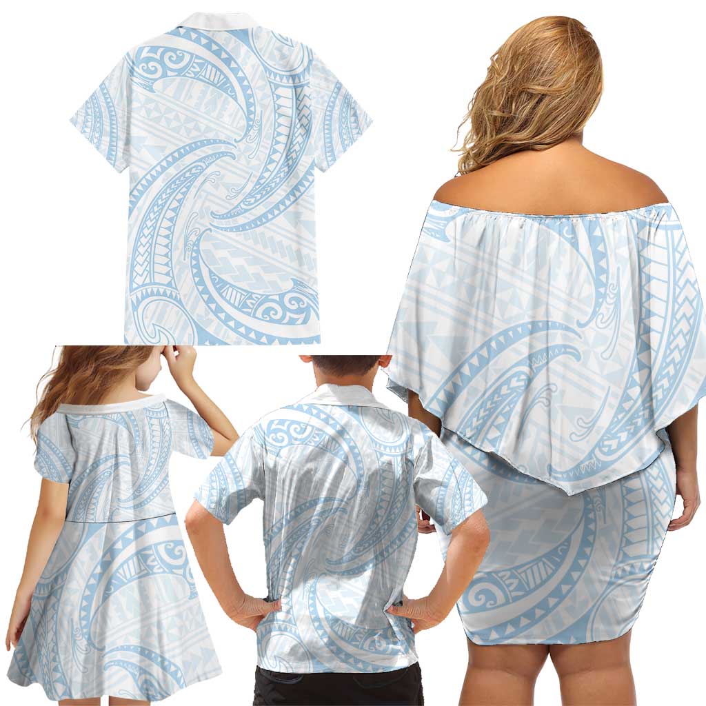 White Sunday Lotu Tamaiti Family Matching Off Shoulder Short Dress and Hawaiian Shirt Polynesian Wave Pastel Sky Blue LT9 - Polynesian Pride