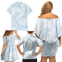 White Sunday Lotu Tamaiti Family Matching Off Shoulder Short Dress and Hawaiian Shirt Polynesian Wave Pastel Sky Blue LT9 - Polynesian Pride