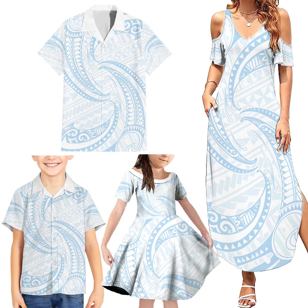 White Sunday Lotu Tamaiti Family Matching Summer Maxi Dress and Hawaiian Shirt Polynesian Wave Pastel Sky Blue - Polynesian Pride