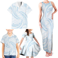 White Sunday Lotu Tamaiti Family Matching Tank Maxi Dress and Hawaiian Shirt Polynesian Wave Pastel Sky Blue - Polynesian Pride