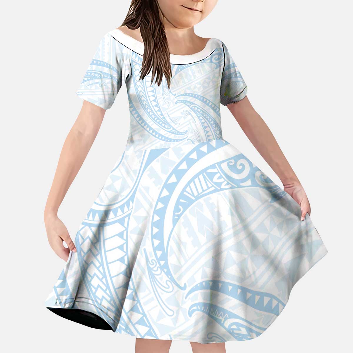 White Sunday Lotu Tamaiti Kid Short Sleeve Dress Polynesian Wave Pastel Sky Blue - Polynesian Pride