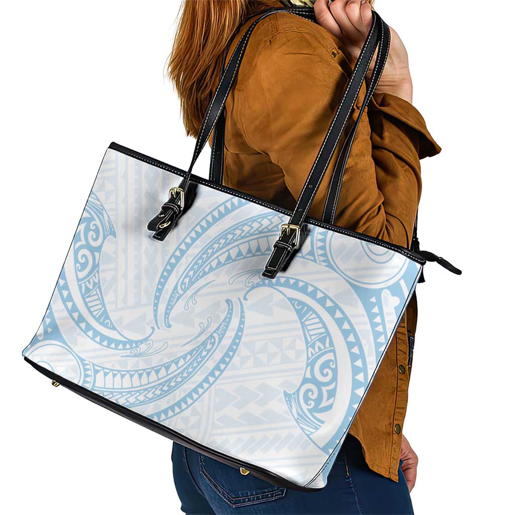 White Sunday Lotu Tamaiti Leather Tote Bag Polynesian Wave Pastel Sky Blue LT9 - Polynesian Pride