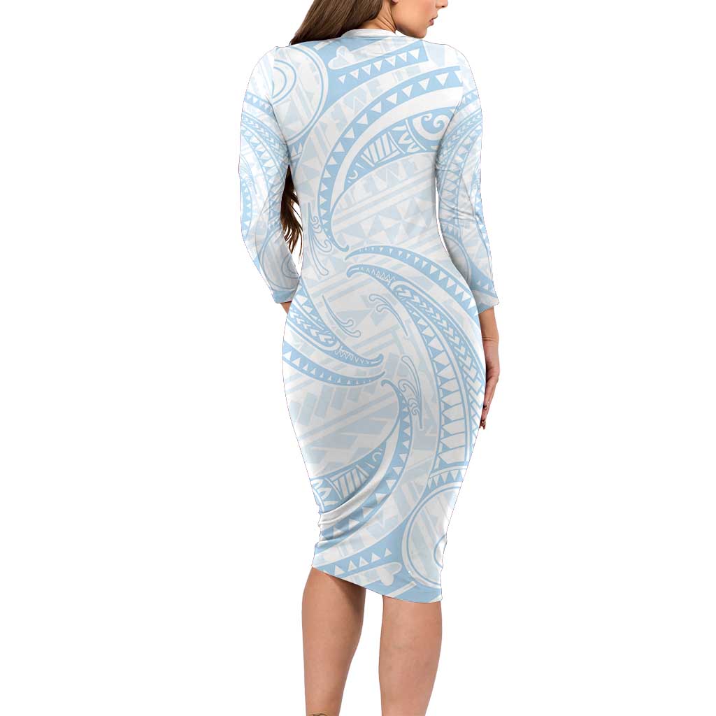 White Sunday Lotu Tamaiti Long Sleeve Bodycon Dress Polynesian Wave Pastel Sky Blue - Polynesian Pride