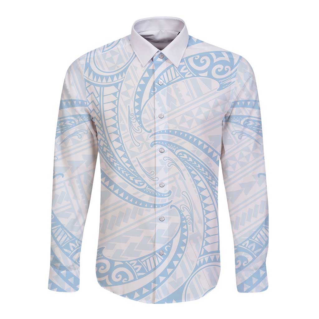 White Sunday Lotu Tamaiti Long Sleeve Button Shirt Polynesian Wave Pastel Sky Blue - Polynesian Pride