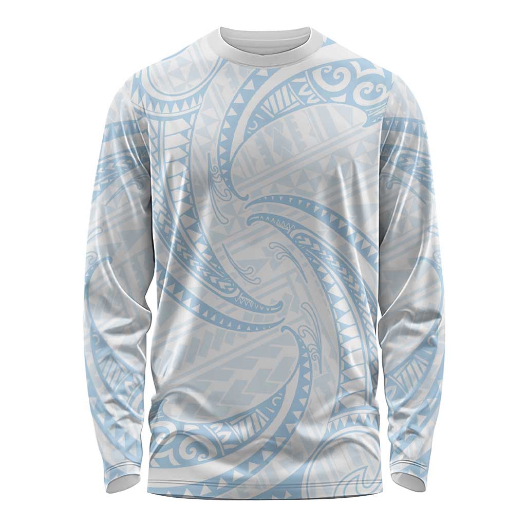 White Sunday Lotu Tamaiti Long Sleeve Shirt Polynesian Wave Pastel Sky Blue - Polynesian Pride
