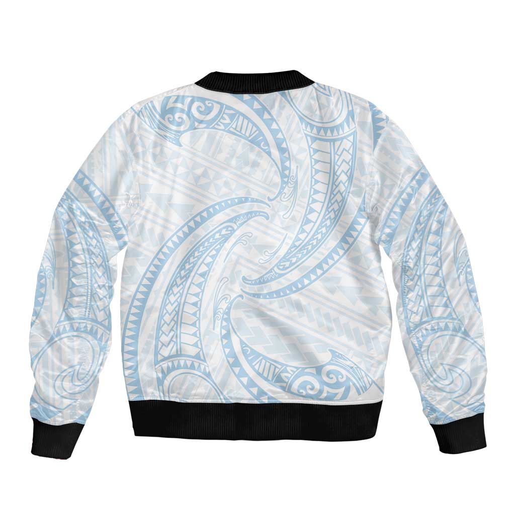 White Sunday Lotu Tamaiti Sleeve Zip Bomber Jacket Polynesian Wave Pastel Sky Blue - Polynesian Pride