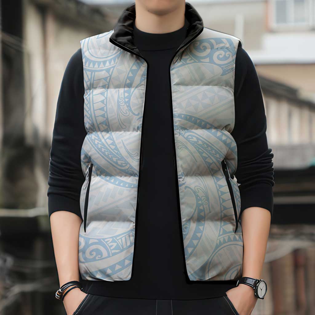 White Sunday Lotu Tamaiti Sleeveless Puffer Jacket Polynesian Wave Pastel Sky Blue - Polynesian Pride