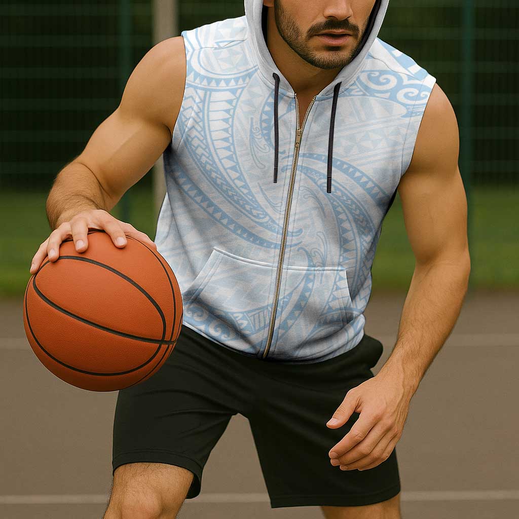 White Sunday Lotu Tamaiti Sleeveless Zip Hoodie Polynesian Wave Pastel Sky Blue - Polynesian Pride