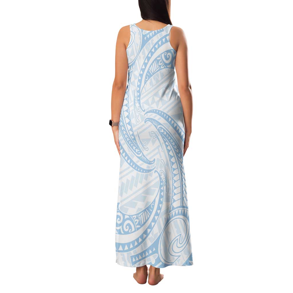 White Sunday Lotu Tamaiti Tank Maxi Dress Polynesian Wave Pastel Sky Blue - Polynesian Pride