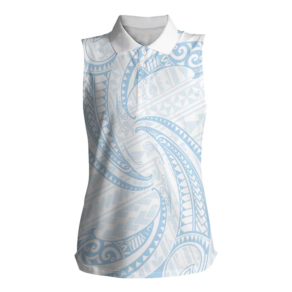 White Sunday Lotu Tamaiti Women Sleeveless Polo Shirt Polynesian Wave Pastel Sky Blue - Polynesian Pride