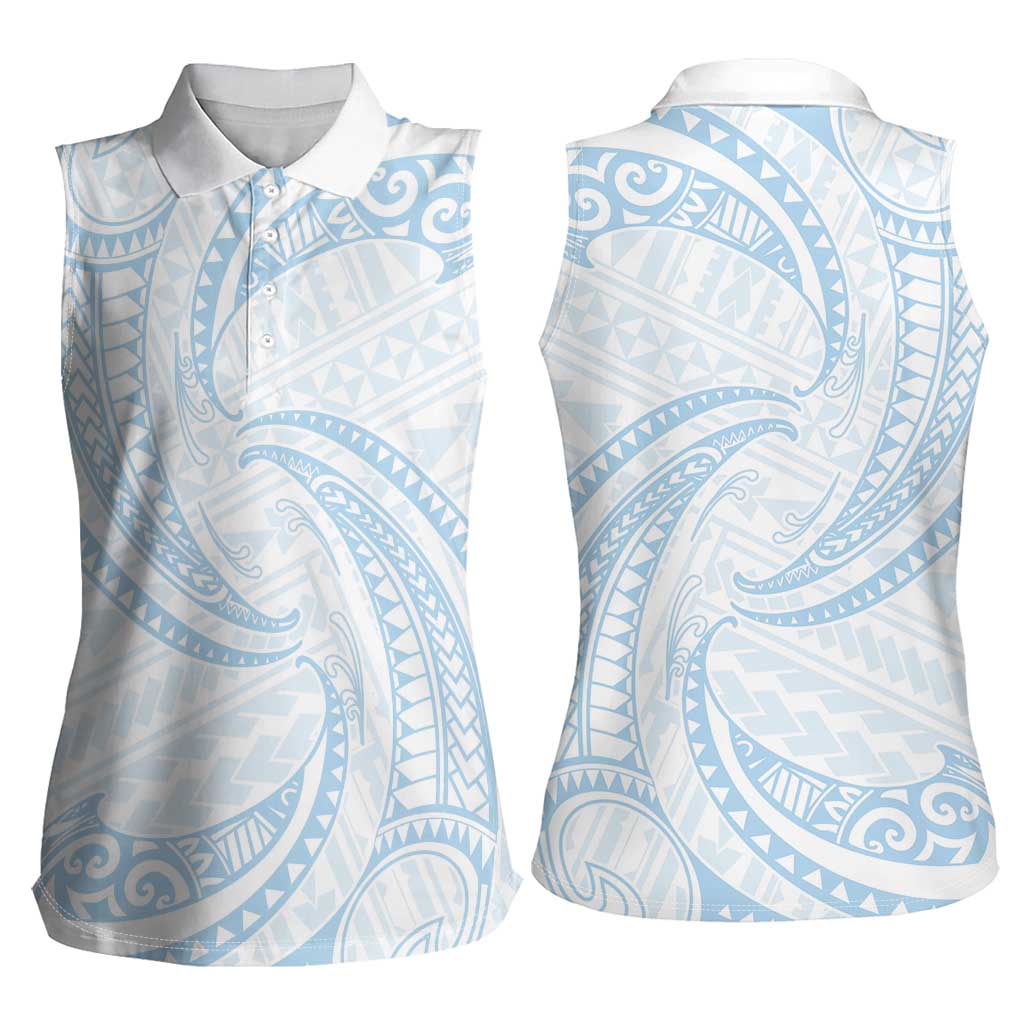 White Sunday Lotu Tamaiti Women Sleeveless Polo Shirt Polynesian Wave Pastel Sky Blue - Polynesian Pride