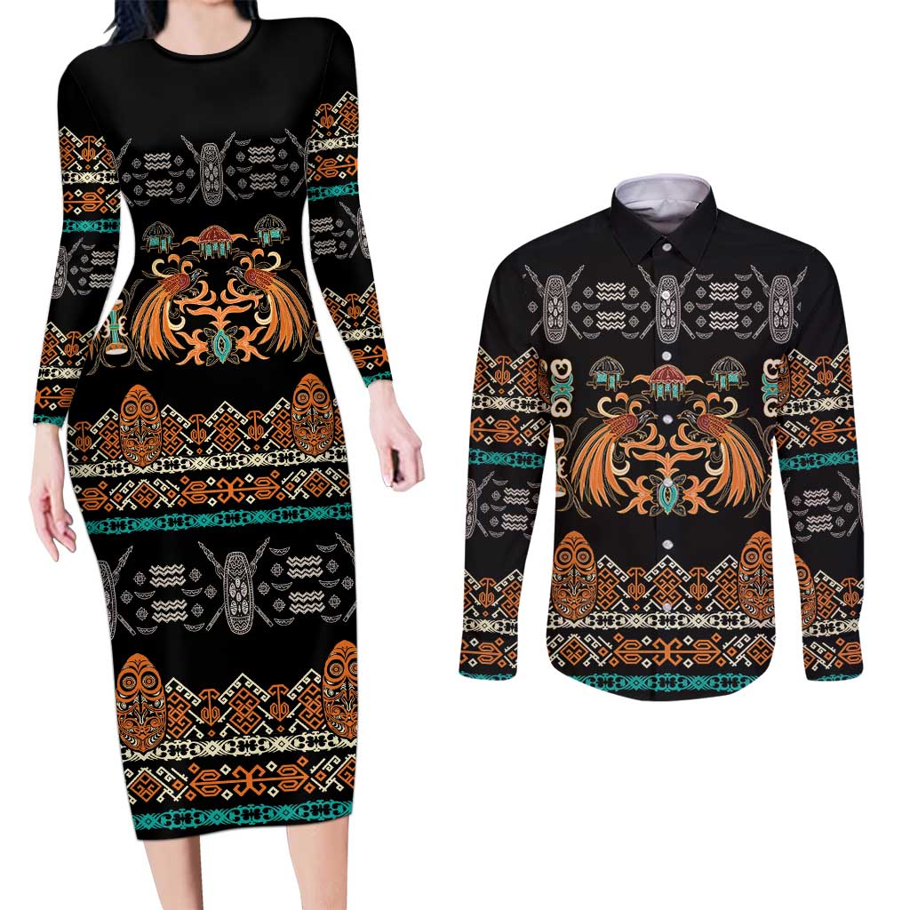 Black Batik Papua-inspired Pattern Couples Matching Long Sleeve Bodycon Dress and Long Sleeve Button Shirt - Polynesian Pride
