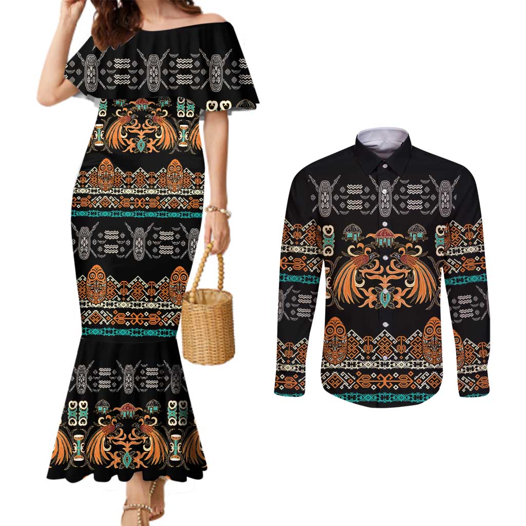 Black Batik Papua-inspired Pattern Couples Matching Mermaid Dress and Long Sleeve Button Shirt - Polynesian Pride