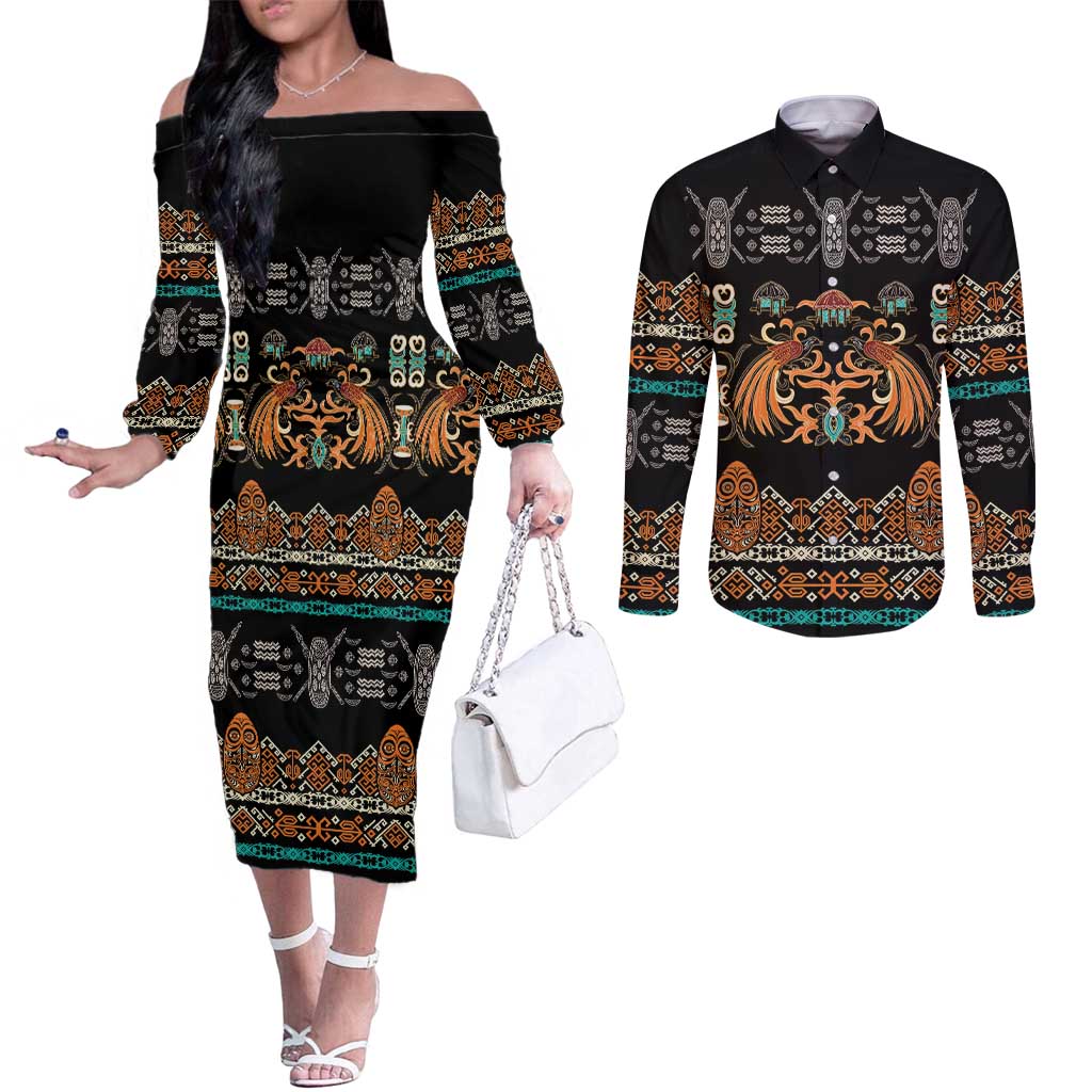 Black Batik Papua-inspired Pattern Couples Matching Off The Shoulder Long Sleeve Dress and Long Sleeve Button Shirt - Polynesian Pride